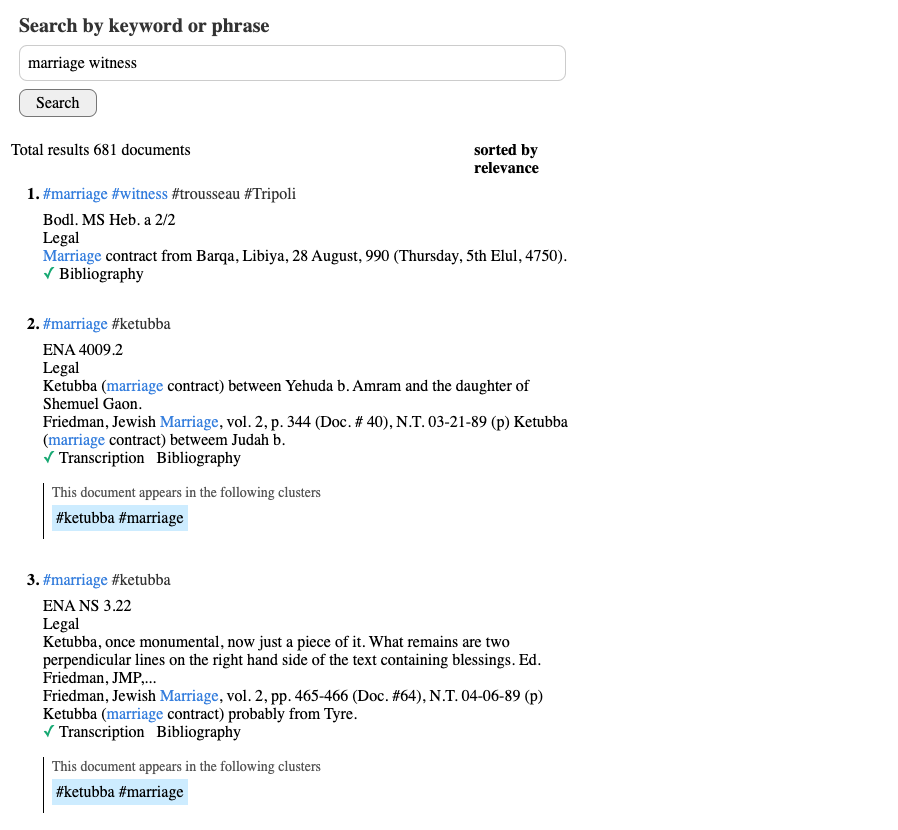 Screenshot of keyword search results the Geniza cluster search prototype