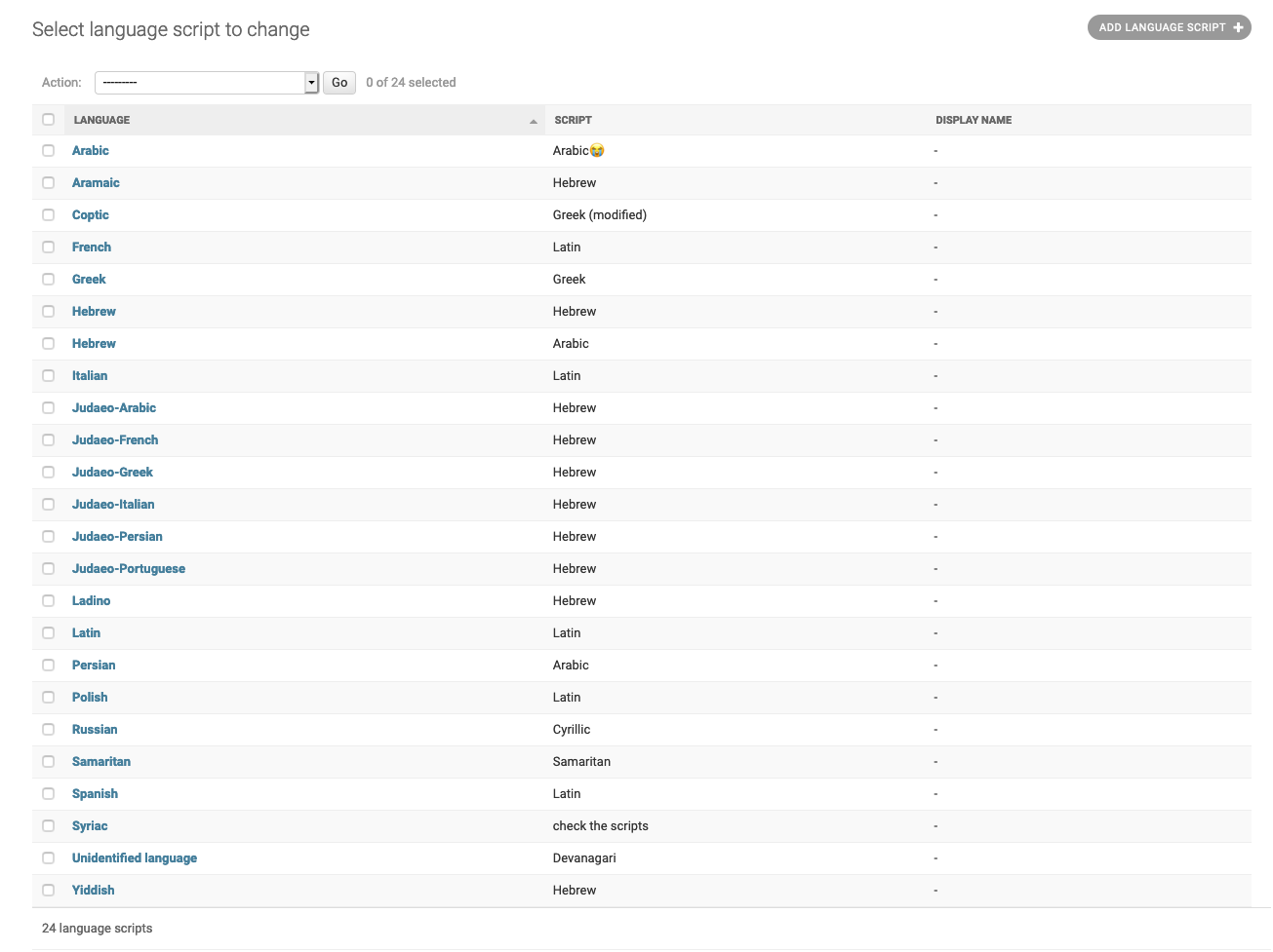 Screenshot of Django admin interface for Languages and Scripts in the test Geniza database