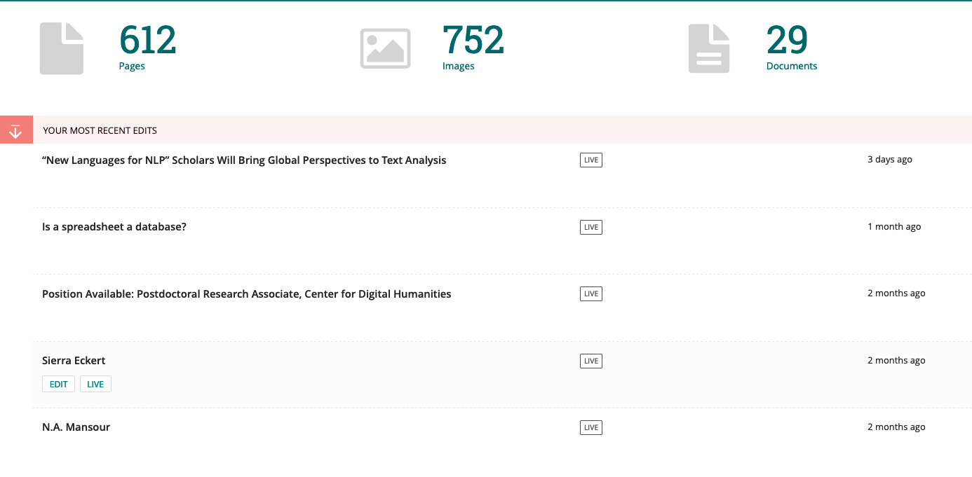 Screenshot of cdhweb wagtail interface showing recent edits, based on page history events