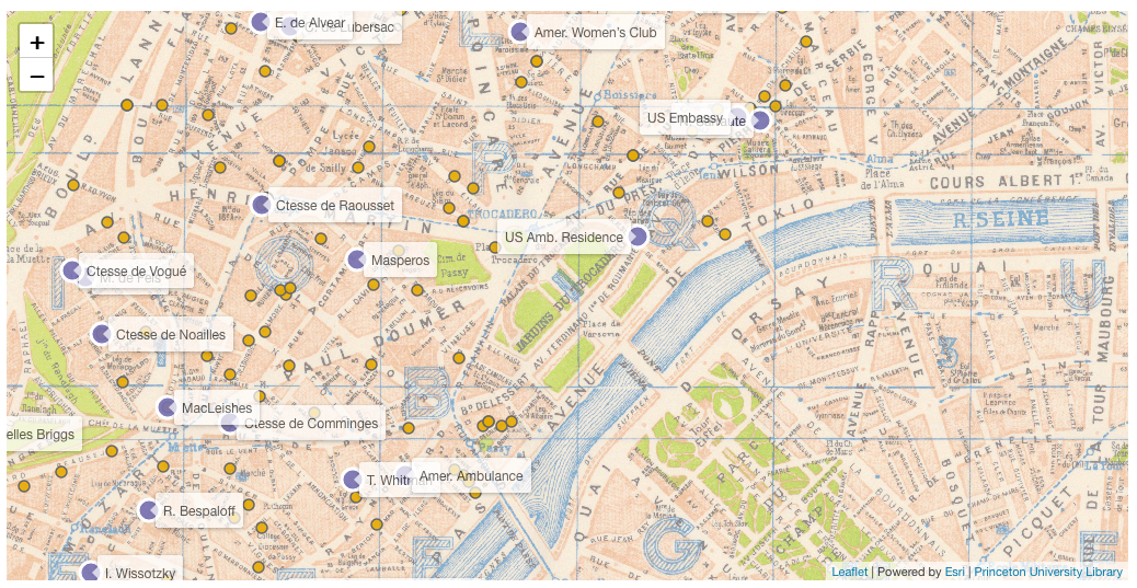 Screenshot of the dynamic map embedded in the newly published essay on the Literary Right Bank on Shakespeare and Company Project