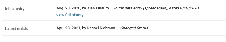 Screenshot of earliest and most recent changes for a test import document, shown on the document dit form