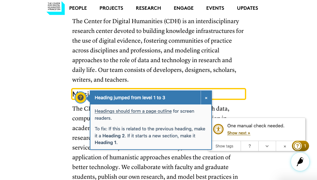 Screenshot of CDH website showing the editoria11y accessibility tool which has been integrated and enabled for content editors.