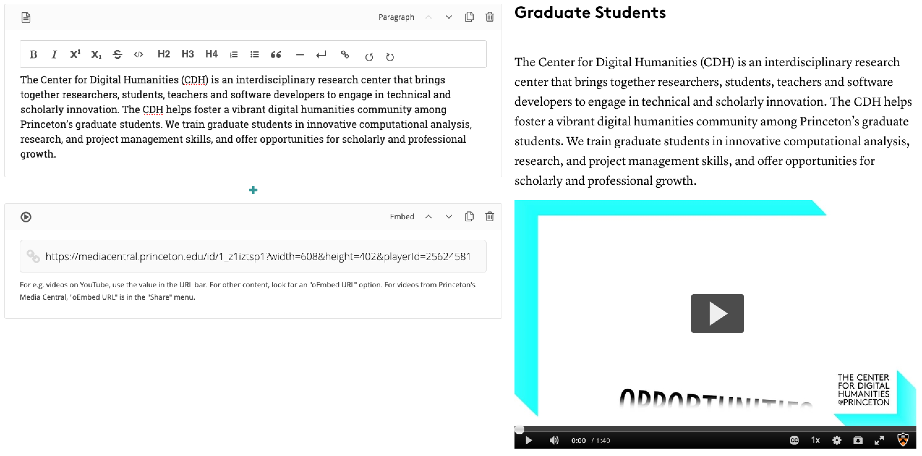 Screenshot of CDH web admin and public view showing the video embed functionality.