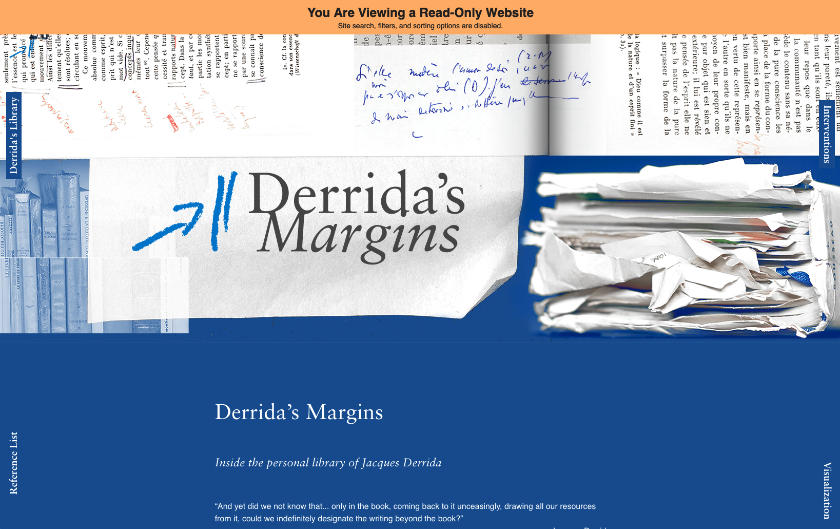 Screenshot of preliminary Derrida&rsquo;s Margins archive site with read-only banner