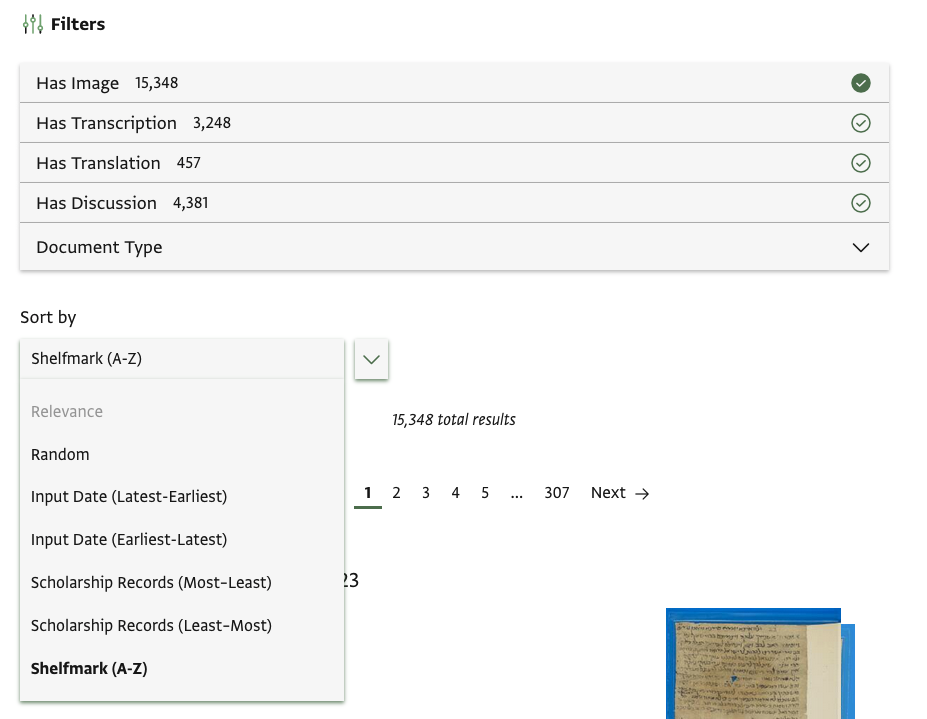Screenshot of document search with new sorts and filters