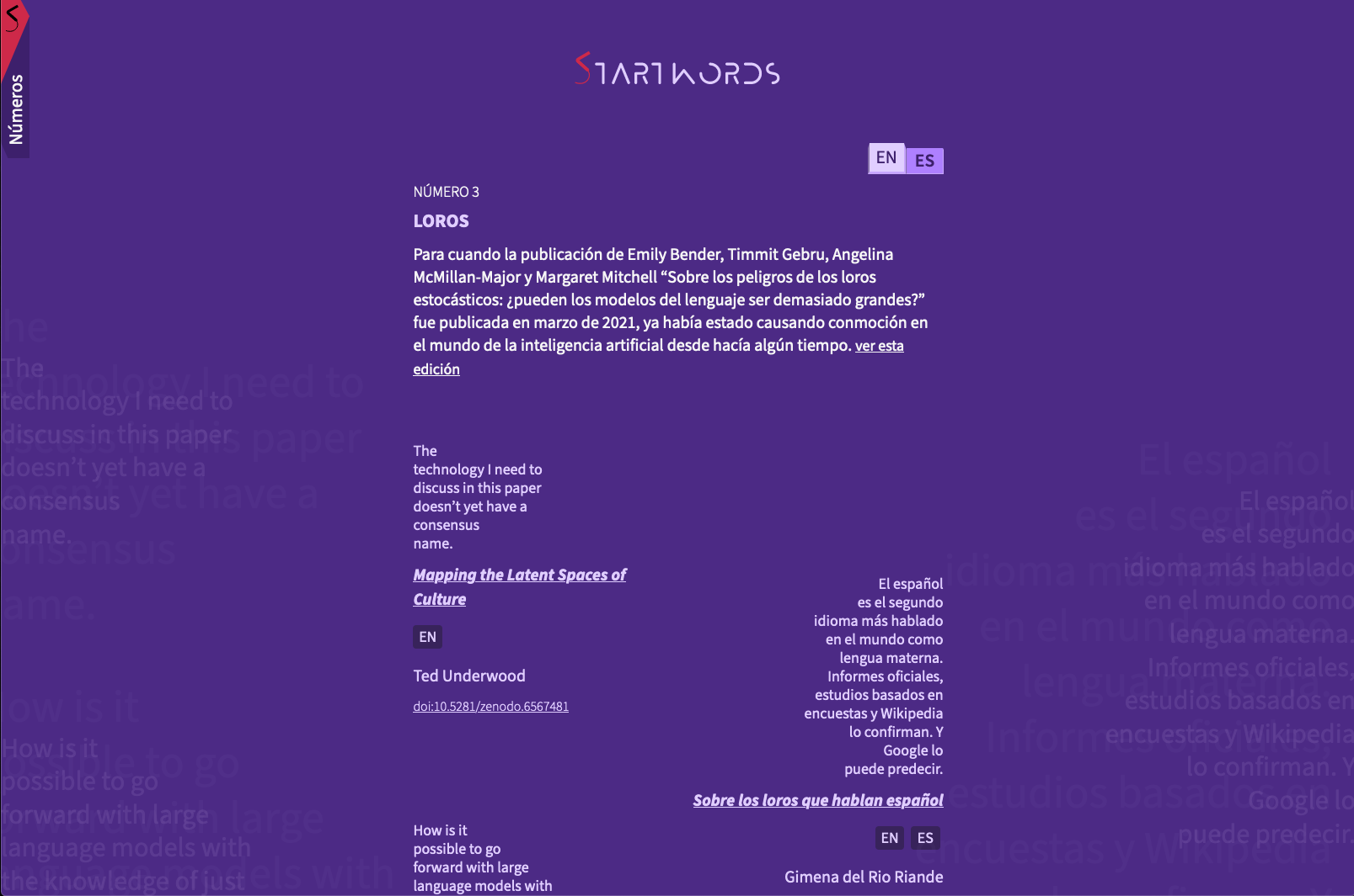Screenshot of Startwords home page in Spanish with Issue 3 published