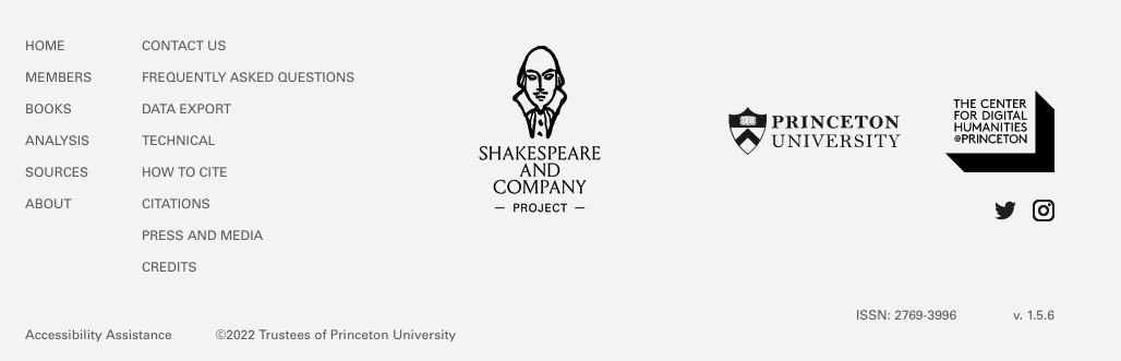 Screenshot of revised Shakespeare and Company Project showing the revised footer, which allows for more pages and includes the Project&rsquo;s ISSN