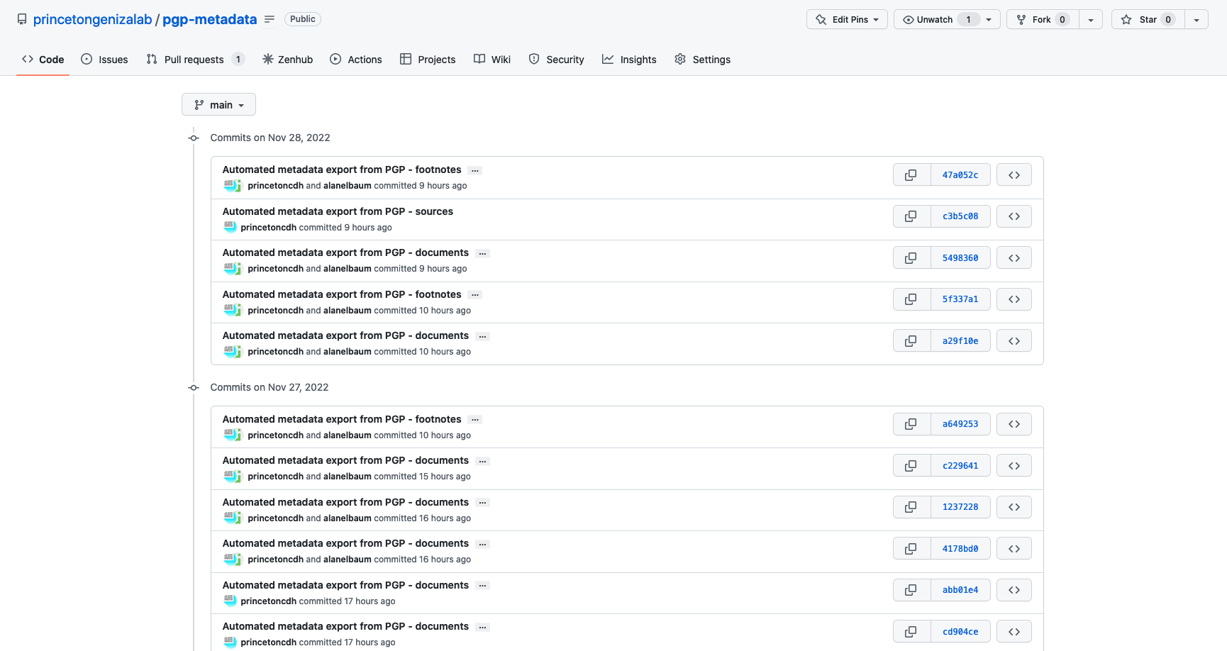 Princeton Geniza Project metadata repository showing commit history with co-author information.