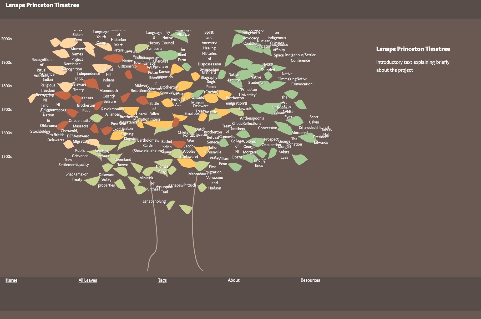 Screenshot of Lenape Timetree project, which now has multiline labels and adjusted leaf sizes.
