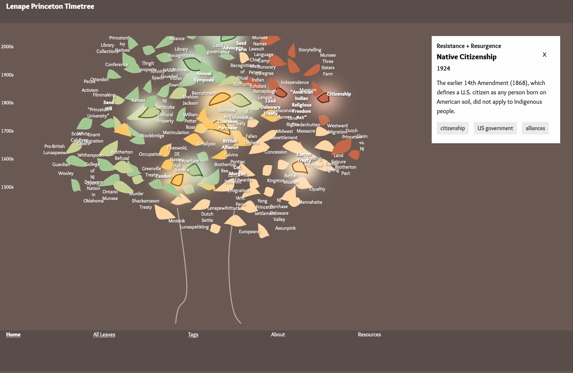 Screenshot of the Lenape Timetree showing active leaf style