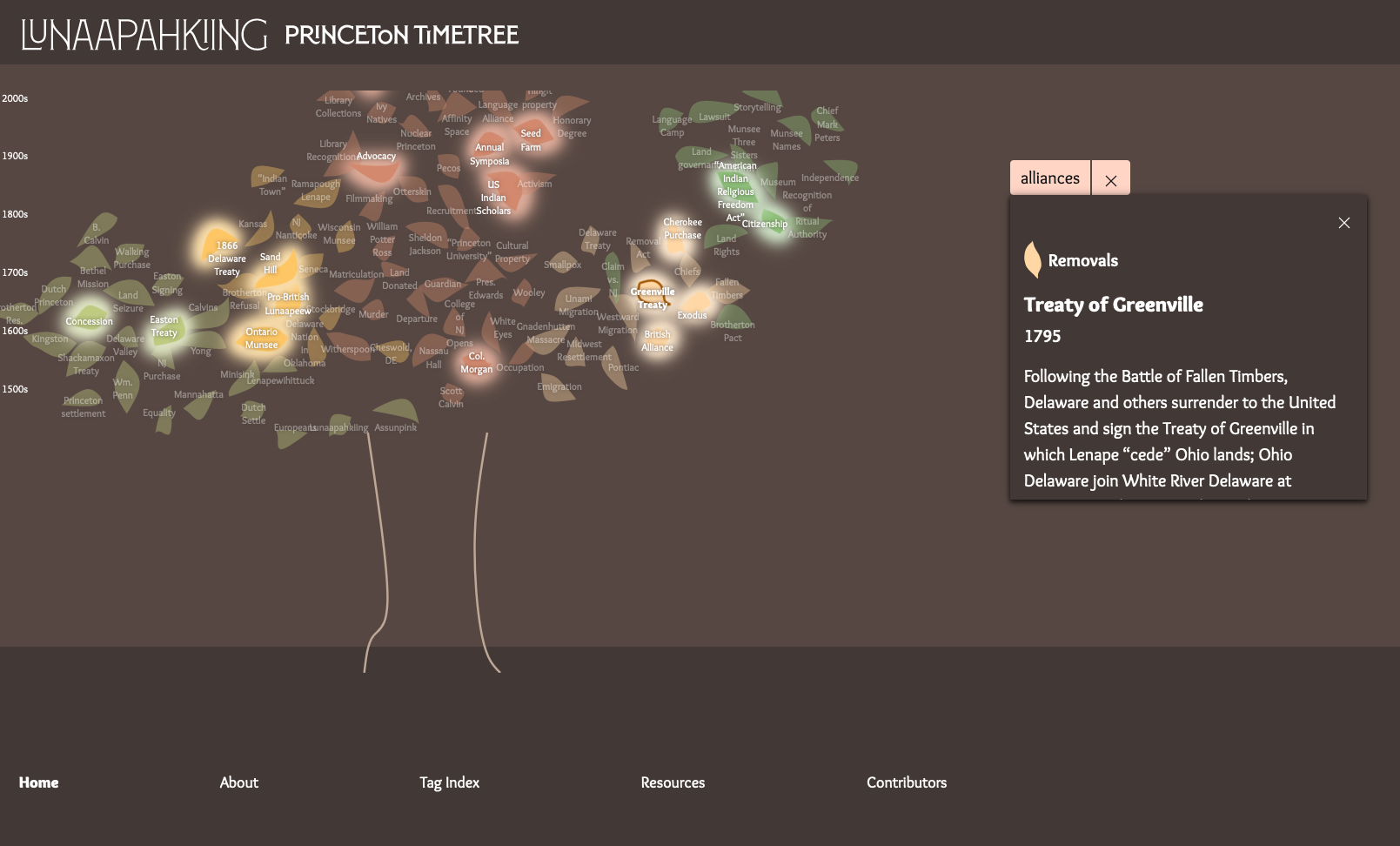 Screenshot of the Lenape timetree project with a tag active, highlighting leaves with that tag and deactivating others