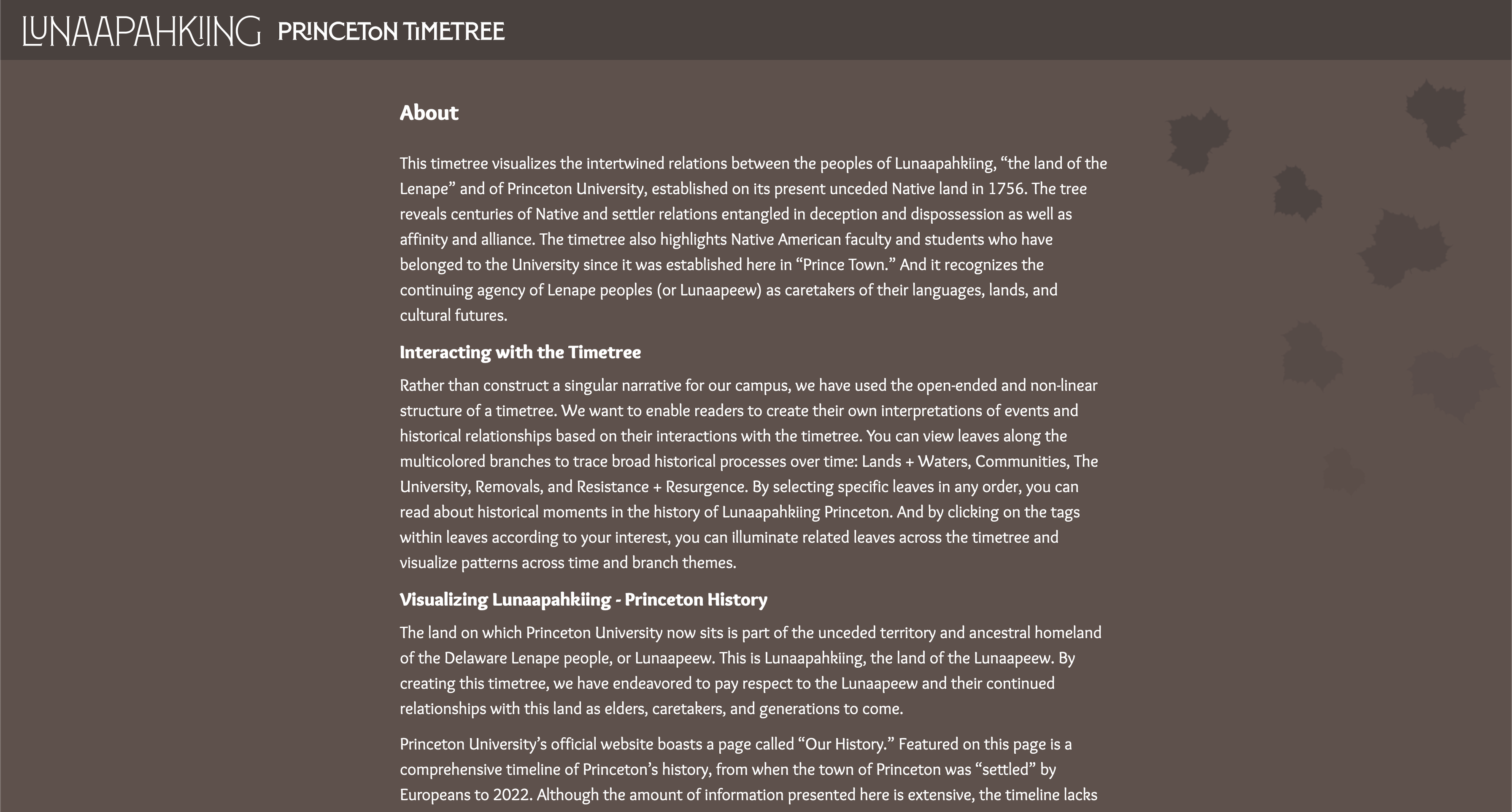 Screenshot of Lenape Timetree About page showing content page styles and visual identity.