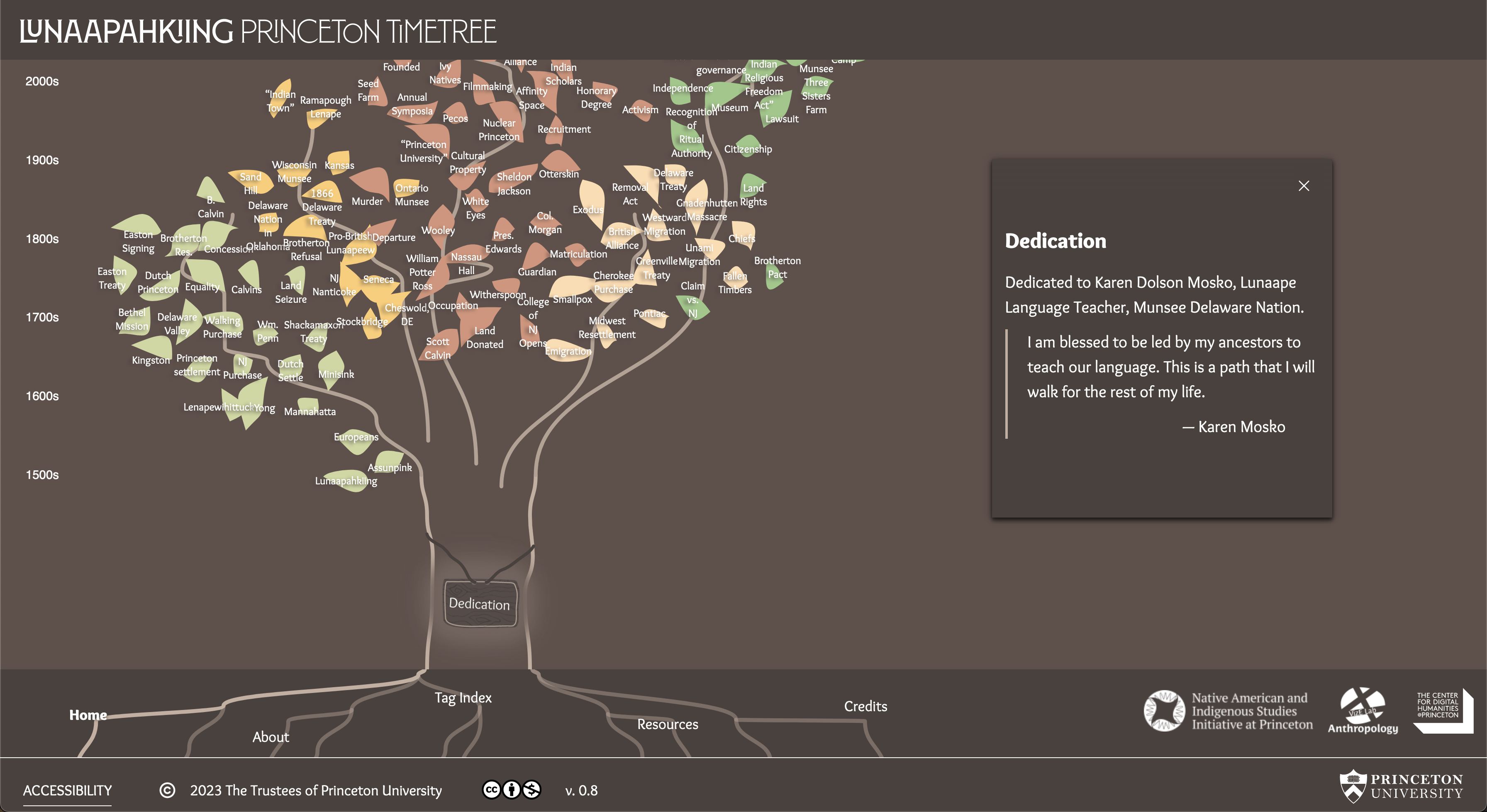 Screenshot of the Lenape Timetree project showing the dedication, which was implemented last iteration.